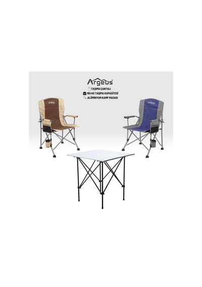 2 Adet Katlanır Kamp Sandalyesi Ve Alüminyum Masa Seti - Rustic Silver -kum/mavi Çok Renkli