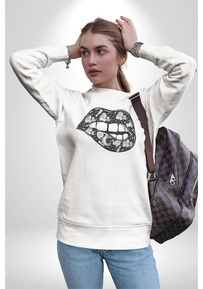 Ay Yıldız Dudak Bulut Dövme Unisex Beyaz Baskılı Sweatshirt Beyaz