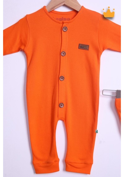 Babyhola Kız Erkek Bebek Tulum Bere Takım Pamuk Önden Düğmeli İnterlok 23630 Turuncu