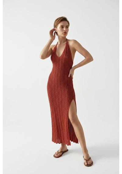 Neden Tekstil Beachwear Boyundan Bağlamalı Ajurlu Triko Plaj Elbisesi - Kırmızı