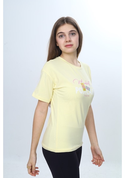Toontoy Kids Toontoy Kız Çocuk Bisiklet Yaka Düşük Omuz Kısa Kollu Baskılı Tişört 24971 Açık Sarı
