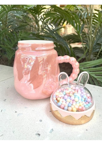 Tavşan Kapaklı Ponpon Kupa Mug Pembe