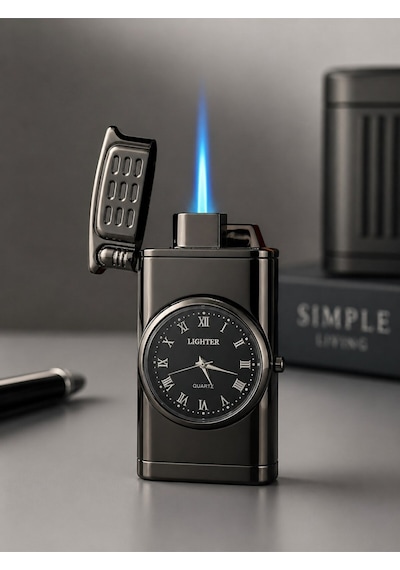 Premium Saatli Led Işıklı Jet Alevli Metal Çakmak Özel Lüks Çakmak Prestij Hediye Dolu Gönderim Füme