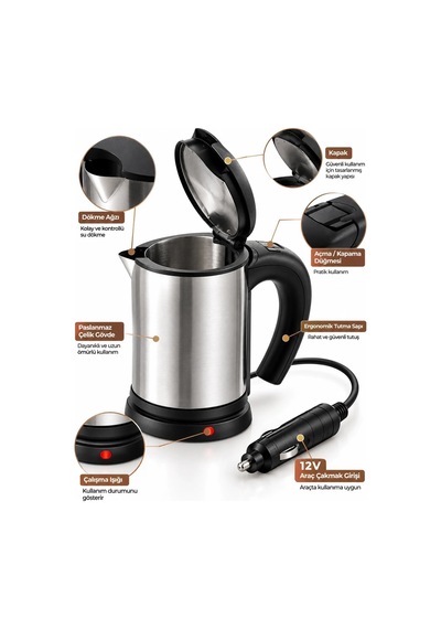 Ers Araç İçi Kullanıma Uygun 12v Elektrikli Su Isıtıcı Paslanmaz Çelik Gövdeli Pratik Kettle