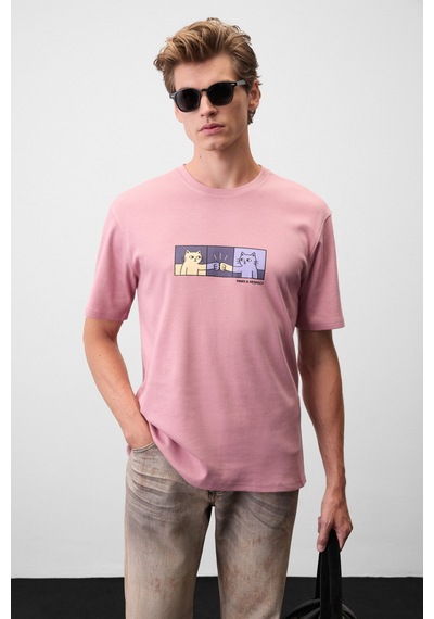 Grimelange Stone Erkek Yuvarlak Yakalı Önü Baskılı Pembe T-shirt