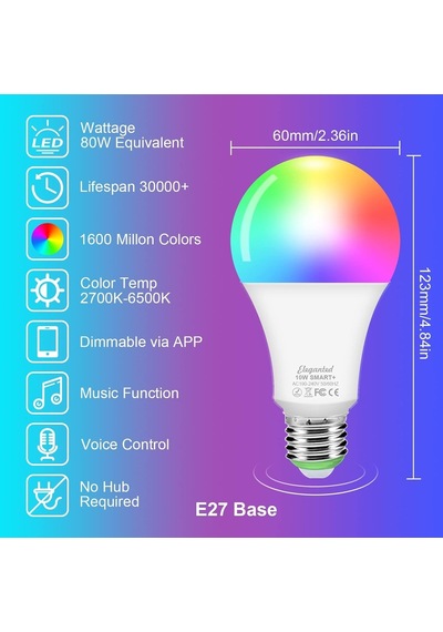 Alexa Ampüller E27 Akıllı Led Lamba, 10w Wifi Renk Değişen Led Rgb Ampul 16 Milyon Renk, Uygulama Kontrolü Kısıl Genel