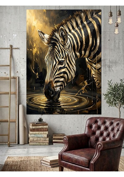 Suda Yansıyan Zebra İçen Su Dekoratif Kanvas - Mdf Ahşap Tablo