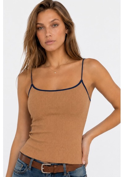 Neden Tekstil Kontrast Şeritli Triko Atlet Body - Camel-laci