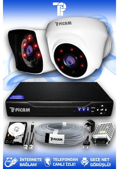 Picam 2 Kameralı Kare 1 İç Kamera Set 320 GB HDD Full HD Gece Görüşlü Güvenlik Kamerası Sistemi