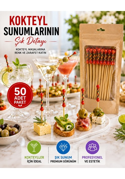 50 Adet Dekoratif Kırmızı Örgülü Bambu Kürdan 12 Cm Kokteyl Parti Kanepe Sunum Çubuğu Seti Paket