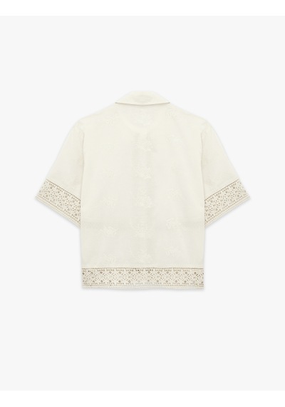 Koton Pamuklu Floral Dokulu Dantel Kroşe Detaylı Kısa Kollu Crop Gömlek Ekru 6sak60237uw