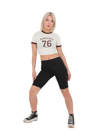 Sortie Collection Bisiklet Yaka Önü Baskılı Pamuklu Crop Tişört Taş