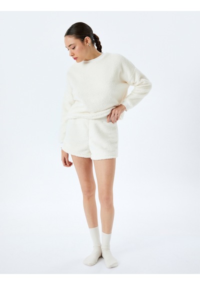 Koton Beli Lastikli Peluş Mini Şort Pijama Altı Bej 5wlk80053mk Ekru