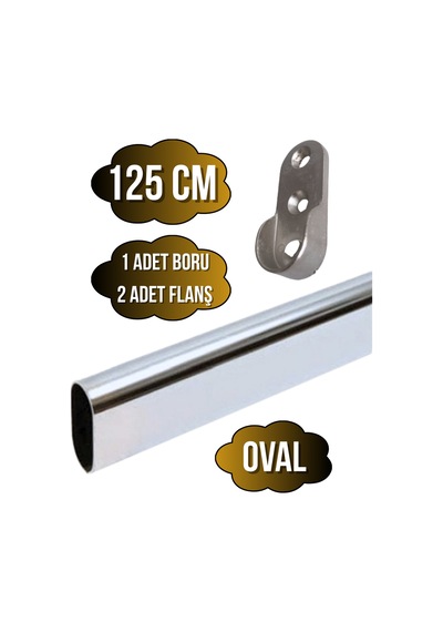 Metal Oval Krom Mobilya Dolap Askı Borusu 125cm Oval 2 Adet Flanş-1 Adet Boru Boy:30mm En:15mm Gri