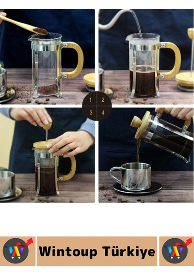 Premium Isıya Dayanıklı Kahve Demleme Bitki Çayı Ahşap Kapak Sap Detaylı Cam French Press 600 Ml Çok Renkli