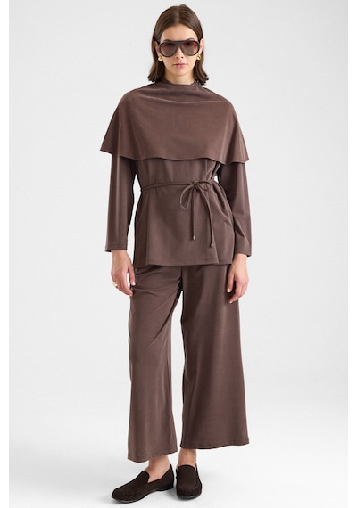 Olcay Şal Aksesuarlı Premium Kumaş Tunik Pantolon Kahve 9470-tk