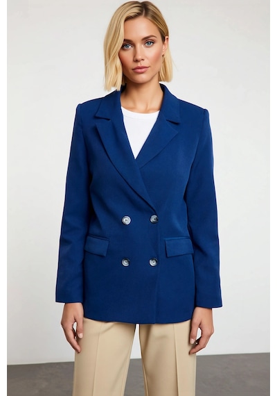 Benerly Kadın Kruvaze Yaka Uzun Kol Regular Kalıp Dokuma Blazer Ceket Fon Indigo