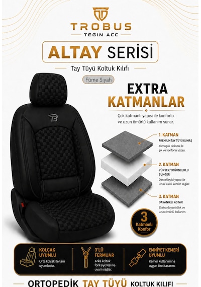 Mercedes E 2013 Ve Sonrası Uyumlu Altay Bel Destekli Tay Tüyü Siyah Koltuk Kılıfı Siyah