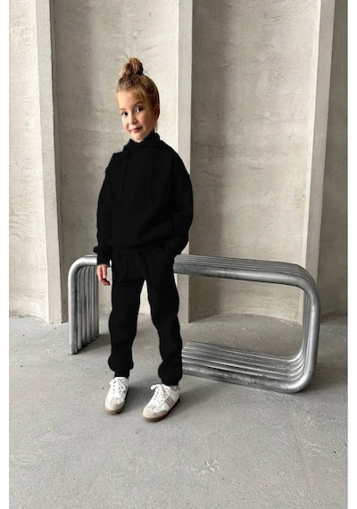 My Kids Wear Üç İplik Kapüşonlu Yeni Sezon Şardonlu Takım Siyah