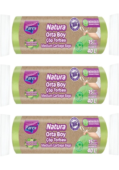 Natura Büzgülü Çöp Torbası 15'li Orta Boy 55 X 60 Cm Üçlü Paket