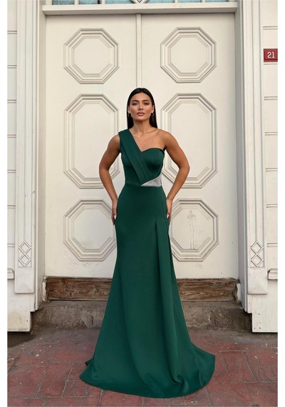 Lior Design Kadın Modern Tasarım Tek Omuz Taş Detaylı Abiye Elbise Zümrüt