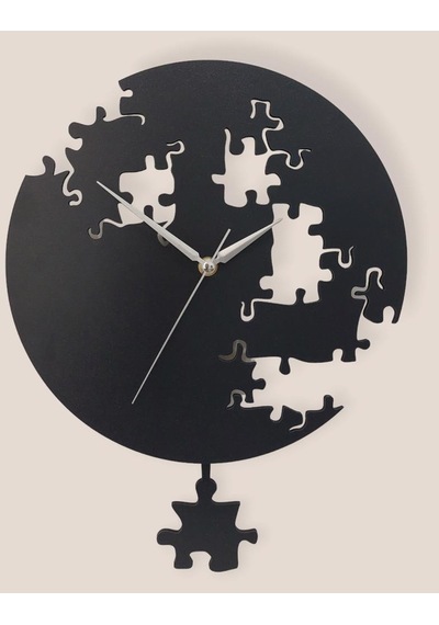 Cajuart Siyah Puzzle Desenli Modern Sallanan Sarkaçlı Duvar Saati Siyah