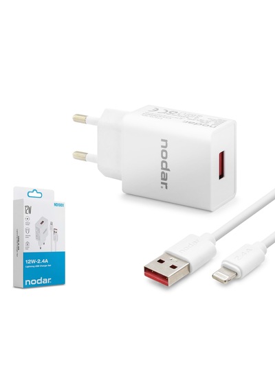 Nodar Usb 12 Watt 2.4 Amper Dinamik Hızlı Şarj Adaptörü + Lightning Kablo - Beyaz