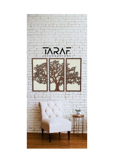 3 Parça Ağaç Tablo Lazer Kesim Dekoratif Tablo 42x62 Krem Ceviz