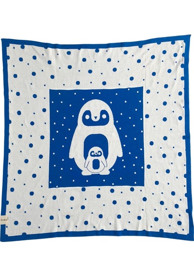 Organik Triko Bebek Örtüsü, Penguen 80x90 , Mavi