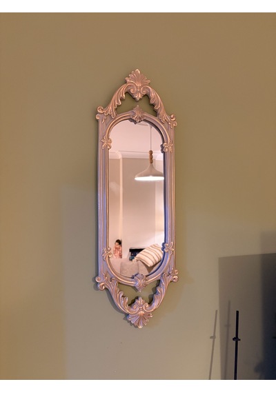 Kısa Oval Dekoratif Duvar Aynası Vizon & Eskitme Altın Varaklı 60x20 Cm Naturel