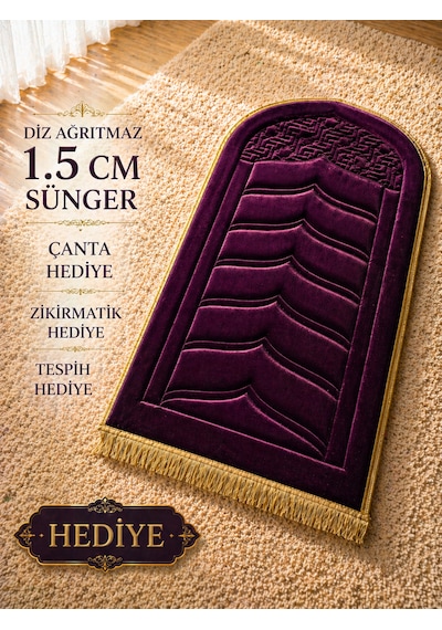 Diz Dostu Seccade Ortopedik Süngerli 1.5 Cm Kalın Kadife Namazlık Çanta Hediyeli Mor