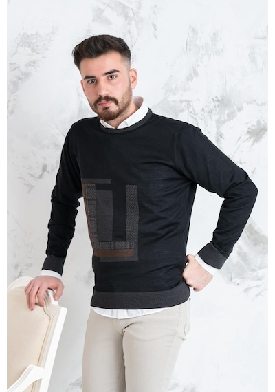 Ecer Slimfit Parça Desenli Ince Triko Erkek Kazak