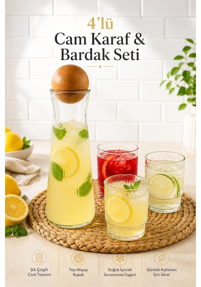 4'lü Cam Karaf & Bardak Seti - Top Kapaklı Limonata Meşrubat Meyve Suyu Servis Sunum Seti