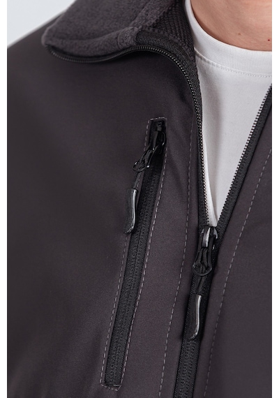 Vatan Tekstil Slim Fit Erkek Tam Fermuarlı Dik Yaka 4 Cepli Polar Softshell Garnili Gri