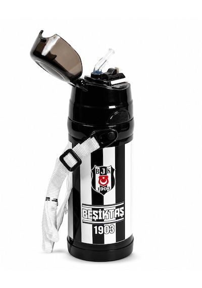 Beşiktaş Lisanslı Silikon Pipetli Çelik Matara - Çubuklu Desenli Paslanmaz Su Matarası 425 ML