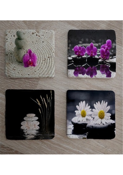 Spa Taşları Papatya Ve Orkide Doğal Taş Bardak Altlığı 4'lü Set - Natural Stone Coasters - Taş Çok Renkli