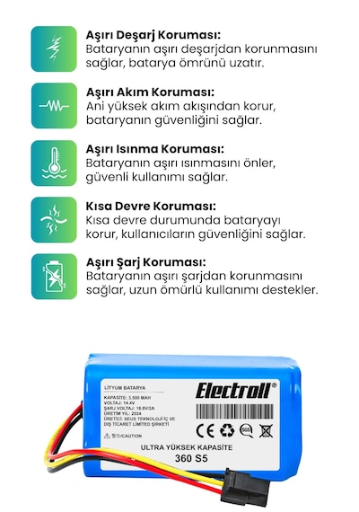 360 S5 Robot Süpürge Bataryası Ultra Yüksek Kapasite 3500mah
