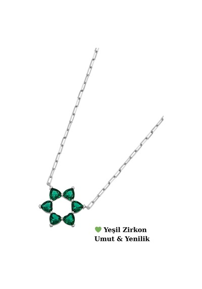Aşkın Fısıltısı Ataç Zincir Gerdanlık Kolye Yeşil Zirkon Kalp Taşlı 925 Ayar Gümüş Gümüş