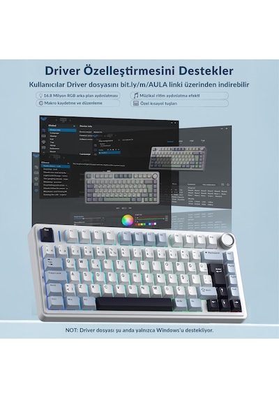 Aula F75 Mekanik Rgb Tkl Graywood V4 Switch Kablosuz Makrolu Hot Swap Türkçe Q Klavye Lacivert