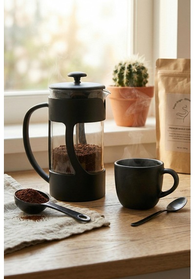 350 Ml Borosilikat Cam French Press & Siyah Modern Kahve Ve Bitki