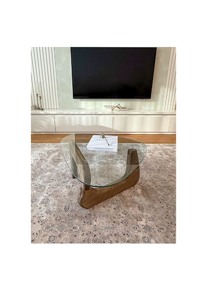 Orta Sehpa - Ceviz Renkli Asimetrik Model 90x65 Cm Temperli Cam Ahşap