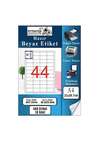 A4 Hazır Etiket 48.5x25.4 Mm 10 Sayfa 1 Paket 44 Lü Kendinden Yapışkanlı Fotokopi Lazer İnkjet