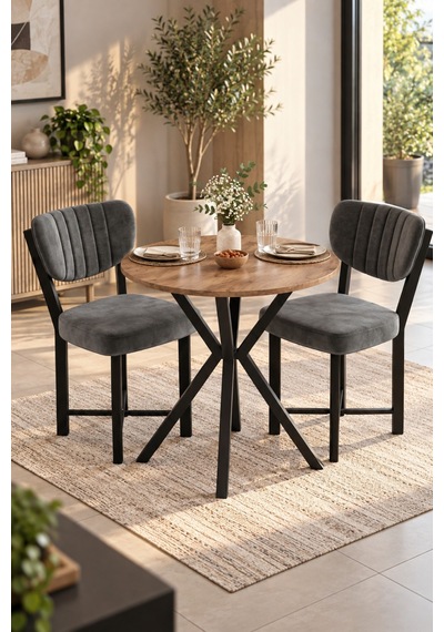 Sulorahome 70 Cm Yuvarlak Yemek Masası Ve 2 Adet Gri Sandalye Seti
