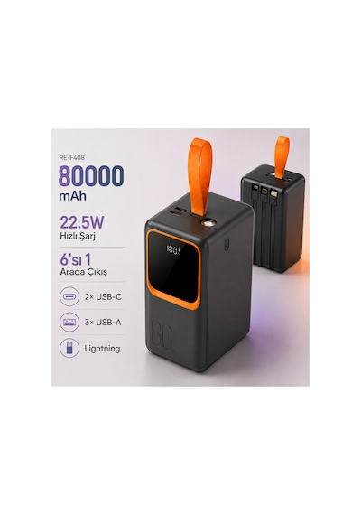 80000 Mah 22.5w Hızlı Şarj Powerbank 6 Çıkışlı Dahili 3 Kablolu Led Fenerli Dijital Göstergeli- Re-f408 Diğer