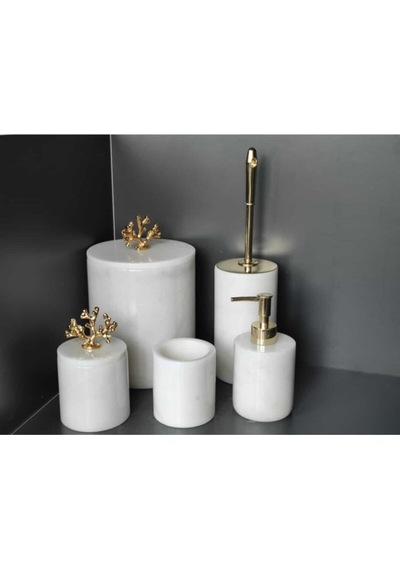 Beyaz Mermer Gold Mercan Aksesuarlı 5'li Banyo Seti Beyaz