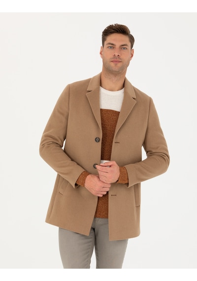 Pierre Cardin Camel Yün Karışımlı Ekstra Slim Fit Kaşe Kaban 50270887-vr015