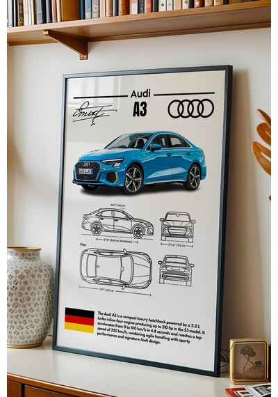 Audi A3 Tablo - Teknik Özellikli Alman Otomobil Poster - Çerçeveli Duvar Dekoru - Araba Blueprint Siyah Audi A3 Tablo - Teknik Özellikli Alman Otomobil Poster - Çerçeveli Duvar Dekoru - Araba Blueprint Siyah