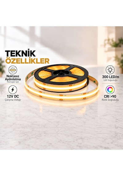 Cob Şerit Led 12v 300 Led/m Crı 90+ Noktasız Aydınlatma Natürel Beyaz 4000k 10 Metre