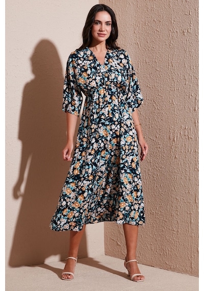 Lela Regular Fit V Yaka Desenli Midi Boy Bayan Elbise 67810573 Lacivert
