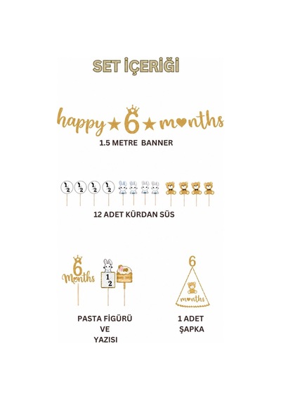 6 Ay Temalı Bebek Parti Seti Gold Happy 6 Months Banner, Pasta Süsü, Kürdan Süs Ve Parti Şapkası Seti Altın